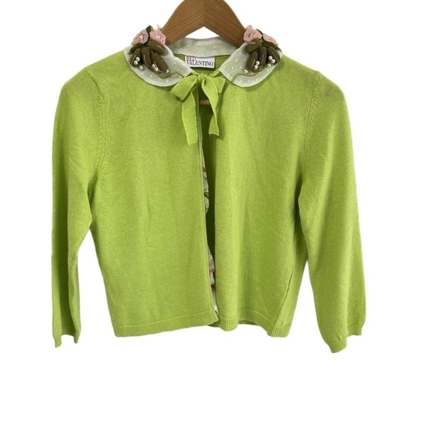 レッドバレンチノ RED VALENTINO カーディガン サイズS - イエローグリーン×白×マルチ レディース 七分袖/レース/刺繍/パール/襟着脱可_画像1