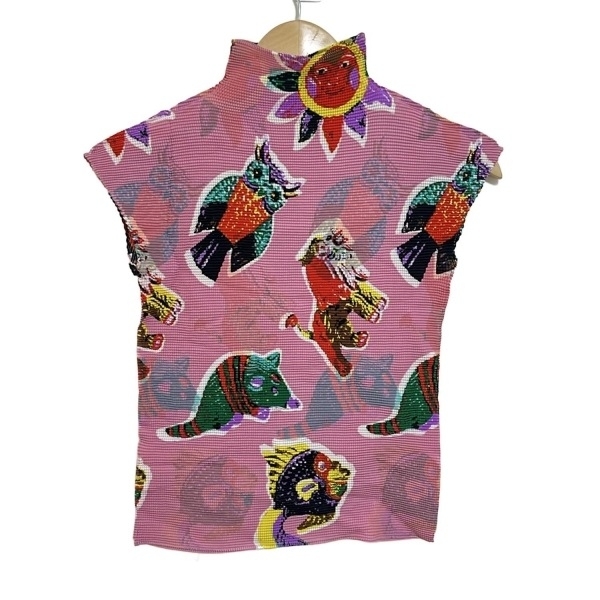 ミー/イッセイミヤケ me ISSEY MIYAKE 半袖カットソー - ピンク×レッド×マルチ レディース ハイネック/プリーツ トップス_画像1