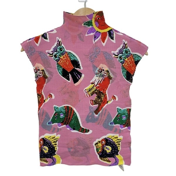 ミー/イッセイミヤケ me ISSEY MIYAKE 半袖カットソー - ピンク×レッド×マルチ レディース ハイネック/プリーツ トップス_画像2