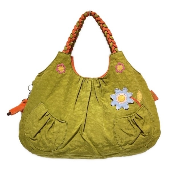 キプリング Kipling トートバッグ - イエローグリーン 編み込み バッグ_画像1