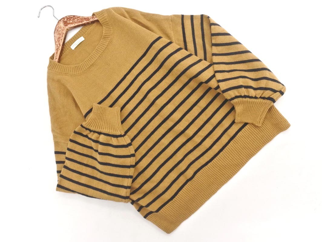 アースミュージック＆エコロジー ボリュームスリーブ ボーダー ニット セーター sizeF/キャメル ◇■ ☆ fja1 レディース_画像1