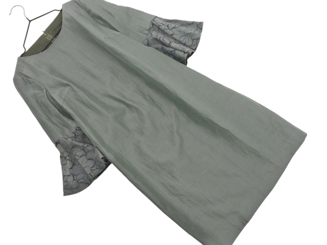 ANAYI アナイ リネン混 袖レース Iライン ワンピース size34/緑 ■◆ ☆ ffa6 レディース_画像1