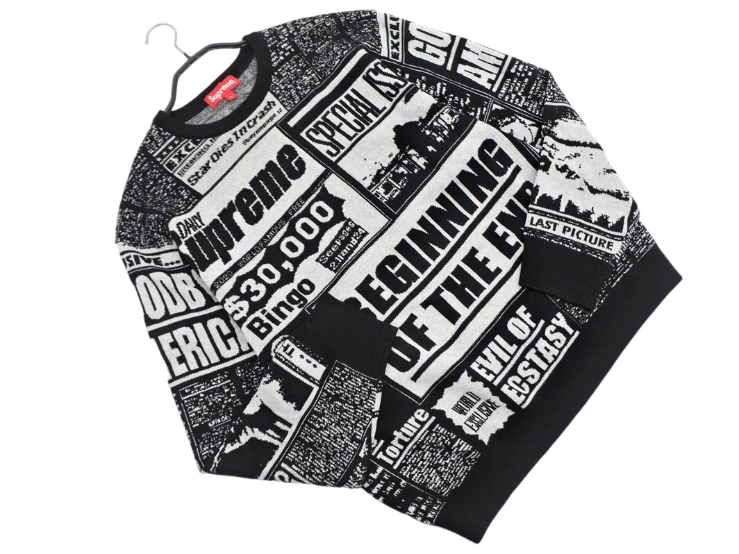 Supreme シュプリーム ニュースペーパー ニット セーター sizeL/白ｘ黒 ■■◎ ☆ fia4 メンズ_画像1