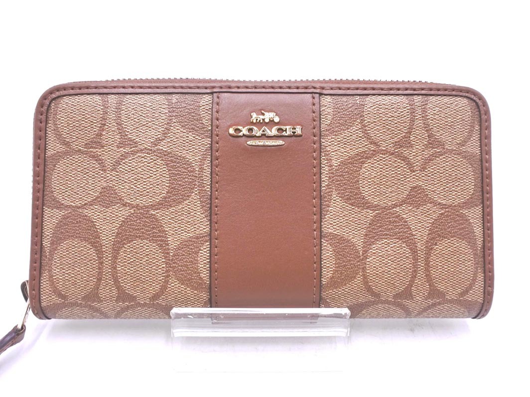 COACH コーチ シグネチャー PVC ラウンドジップ 長 財布 茶 ■■ ☆ fjb5 レディース_画像1
