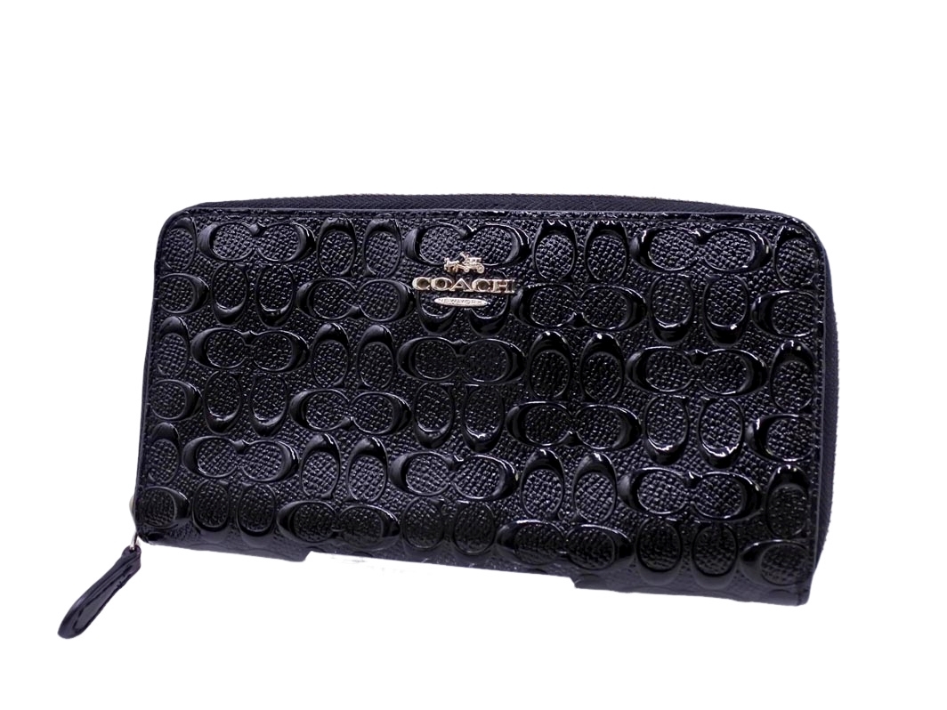 COACH コーチ エナメル シグネチャー ラウンドジップ 長 財布 黒 ■■ ☆ fjb4 レディース_画像1