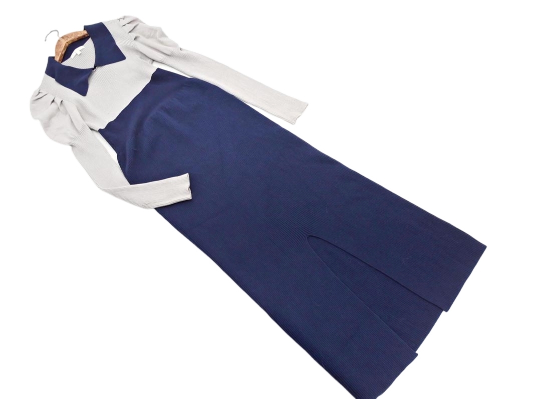 rienda リエンダ ボリュームスリーブ ロング ニット ワンピース sizeM/紺ｘグレー ◇■ ☆ fjc8 レディース_画像1