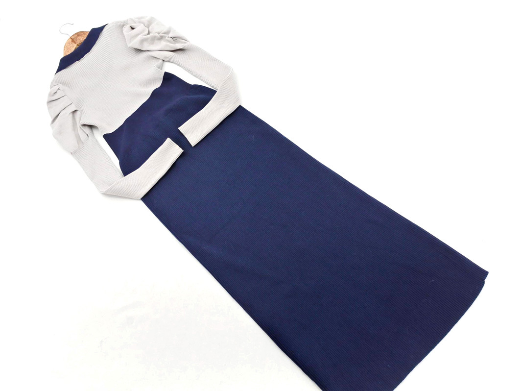 rienda リエンダ ボリュームスリーブ ロング ニット ワンピース sizeM/紺ｘグレー ◇■ ☆ fjc8 レディース_画像9