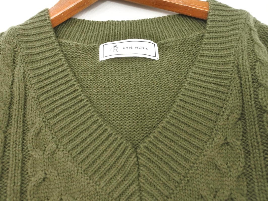 Rope Picnic ロペピクニック Vネック ケーブル編み ニット セーター size38/カーキ ◇■ ☆ fjc8 レディース_画像2