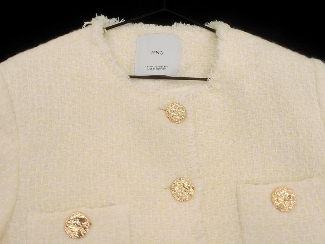 MNG マンゴ ツイード ノーカラー ジャケット sizeXS/オフホワイト ◇■ ☆ fjd1 レディース_画像2