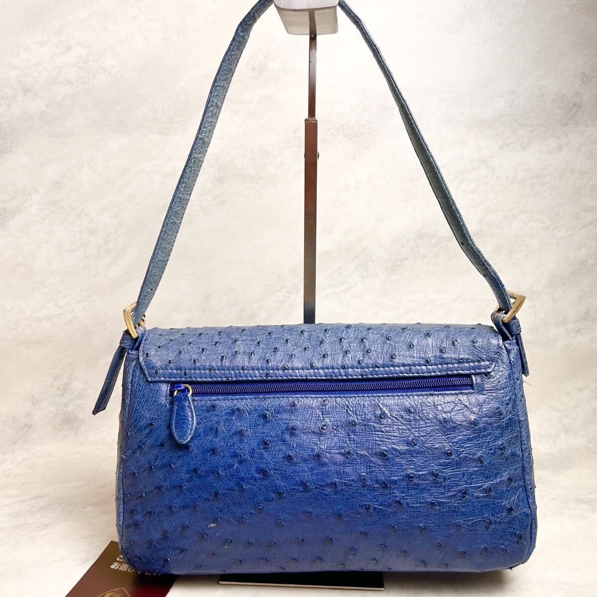 定価70萬円! JRA認定! オーストリッチ 駝鳥革 エキゾチックレザー ゴールド 金具 ワンショルダーバッグ ハンドバッグ ブルー 青 希少カラー