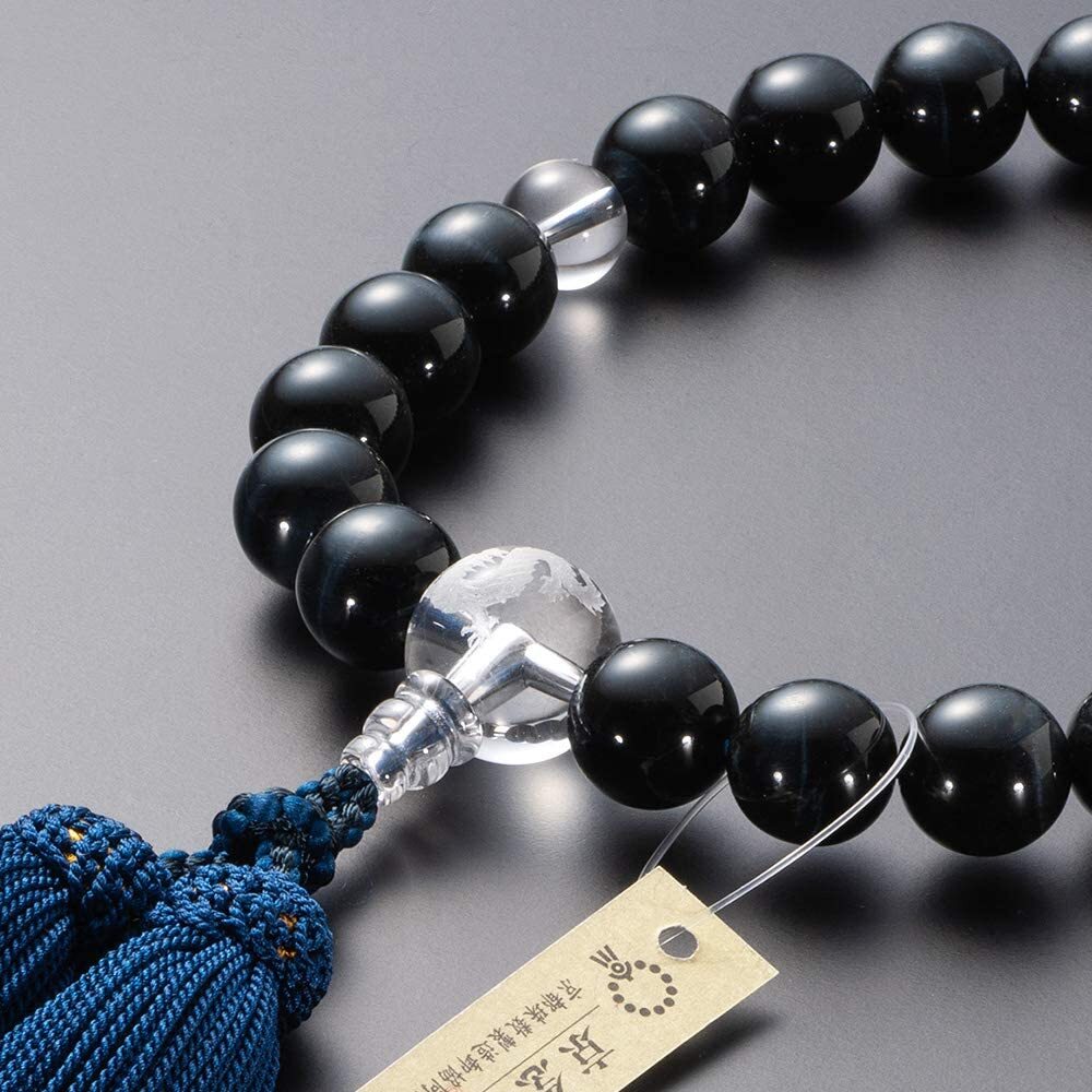 京念珠　数珠　男性用　青虎目石（22玉）　龍彫り本水晶　正絹頭付房 数珠袋付_画像4