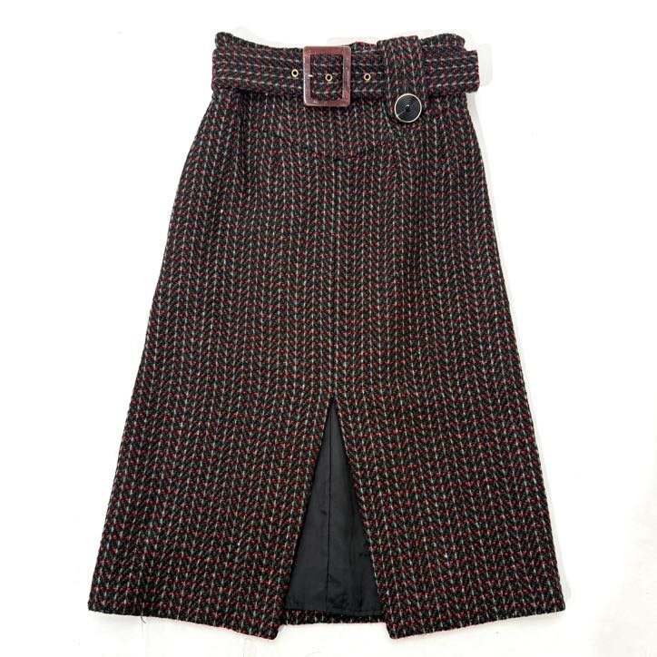 AKANE UTSUNOMIYA ベルテッド ツイード フロントスリットスカート size36 BROWN WAG-FSK74-2004 アカネウツノミヤ_画像1