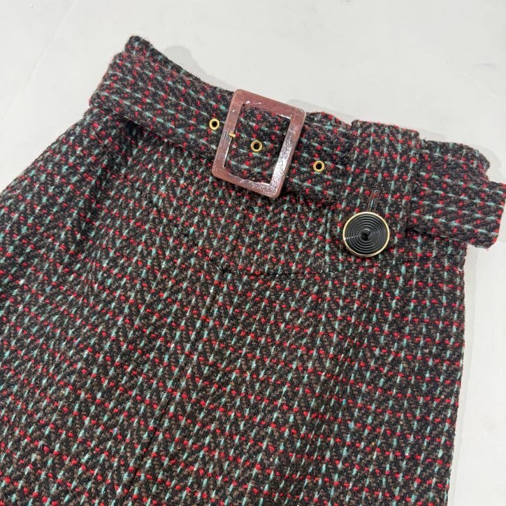 AKANE UTSUNOMIYA ベルテッド ツイード フロントスリットスカート size36 BROWN WAG-FSK74-2004 アカネウツノミヤ_画像3