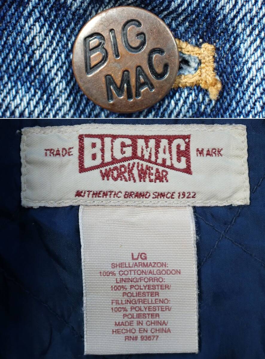 7133/BIG MAC 中綿キルティング デニム ジャケット L(実質XL程度)●USA企画 防寒 3rdタイプ トラッカー ジージャン Gジャン●洗濯済●古着_画像9