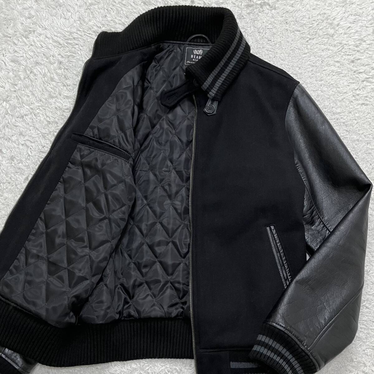 希少L!極美品!ビームス BEAMS スタジャン ジャケット ブルゾン アウター カウレザー 牛革 キルティング 中綿 ドンキー メンズ ブラック 黒_画像1