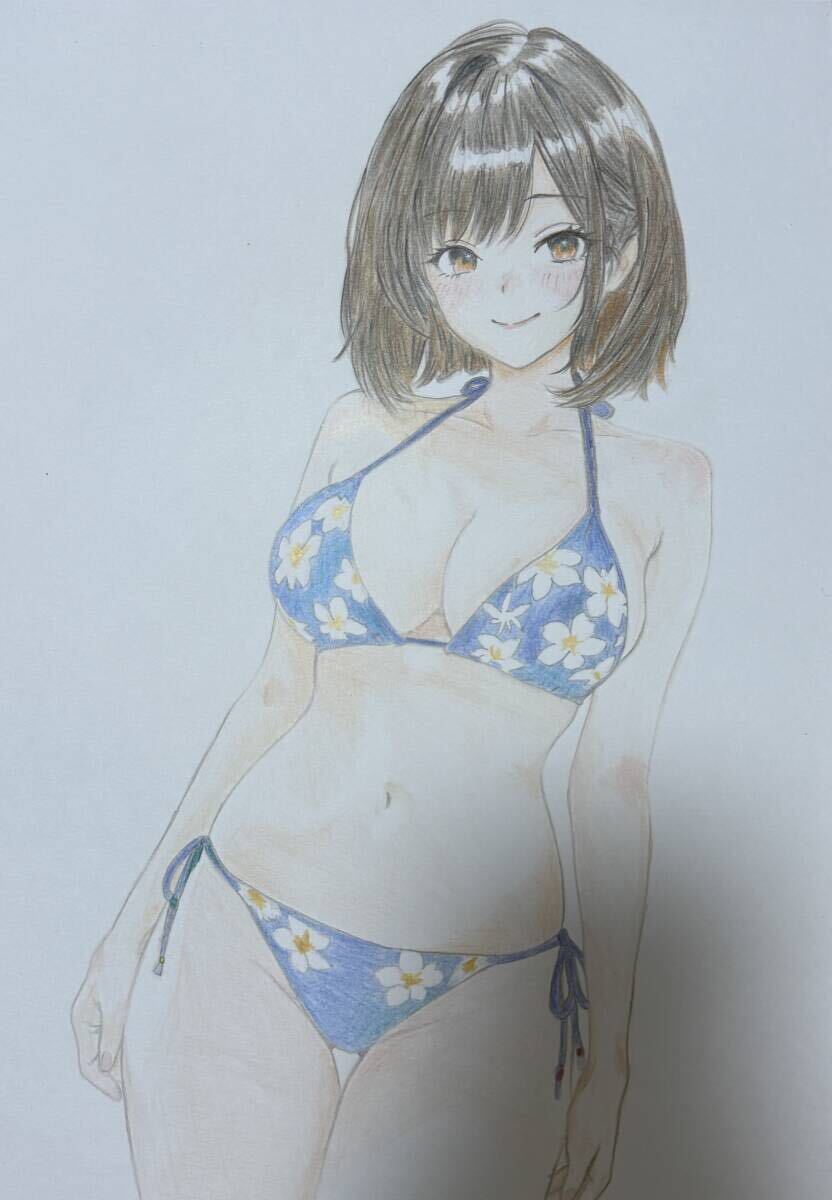 手描きイラスト 1点物 水着 ビキニ オリジナル イラスト 色鉛筆 A4 ケント紙 水彩紙 a07_画像2