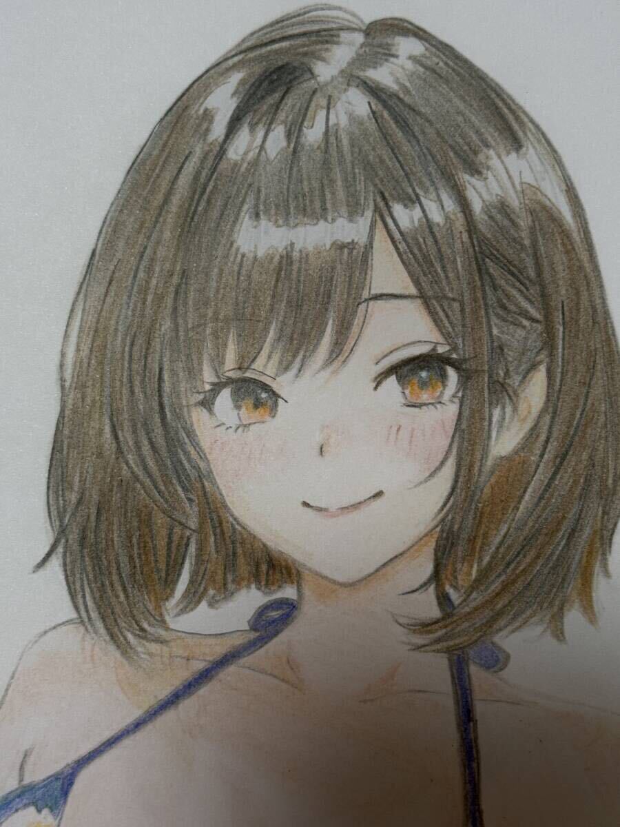手描きイラスト 1点物 水着 ビキニ オリジナル イラスト 色鉛筆 A4 ケント紙 水彩紙 a07_画像1