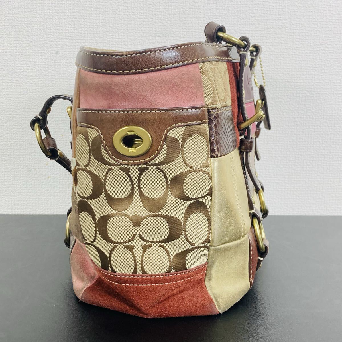 COACH コーチ シグネチャー パッチワーク トートバッグ 10437 キャンバス スエード レザー ブラウン ピンク_画像5