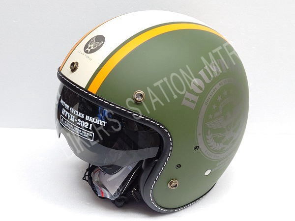 セールプライス! HOUSTON ヒューストン HTVH-2021 インナーバイザージェットヘルメット カーキーアイボリーオレンジ フリーサイズ 管理T_画像1