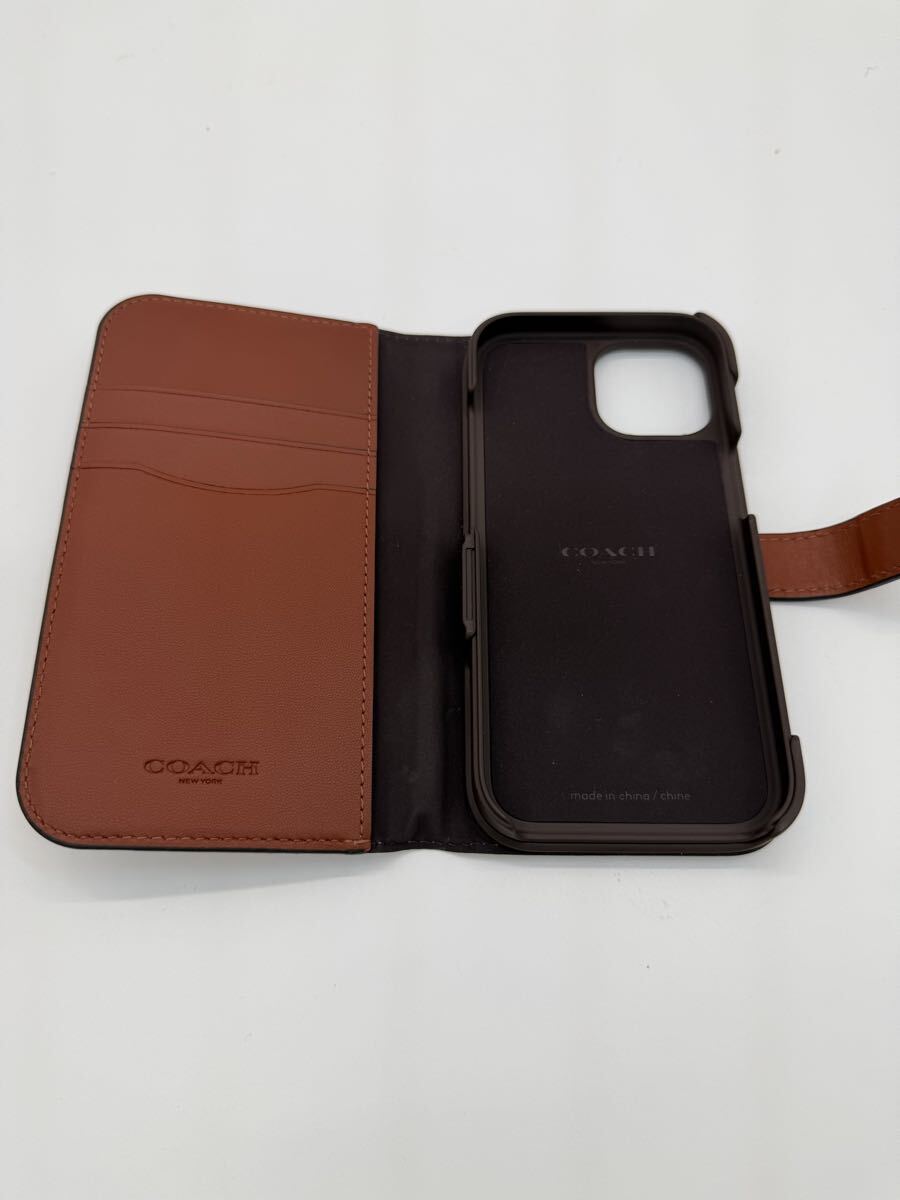 ◎COACH コーチ iPhoneケース 手帳型 シグネチャー ブラウン レザー×PVC ロゴ刻印 現状品_画像2