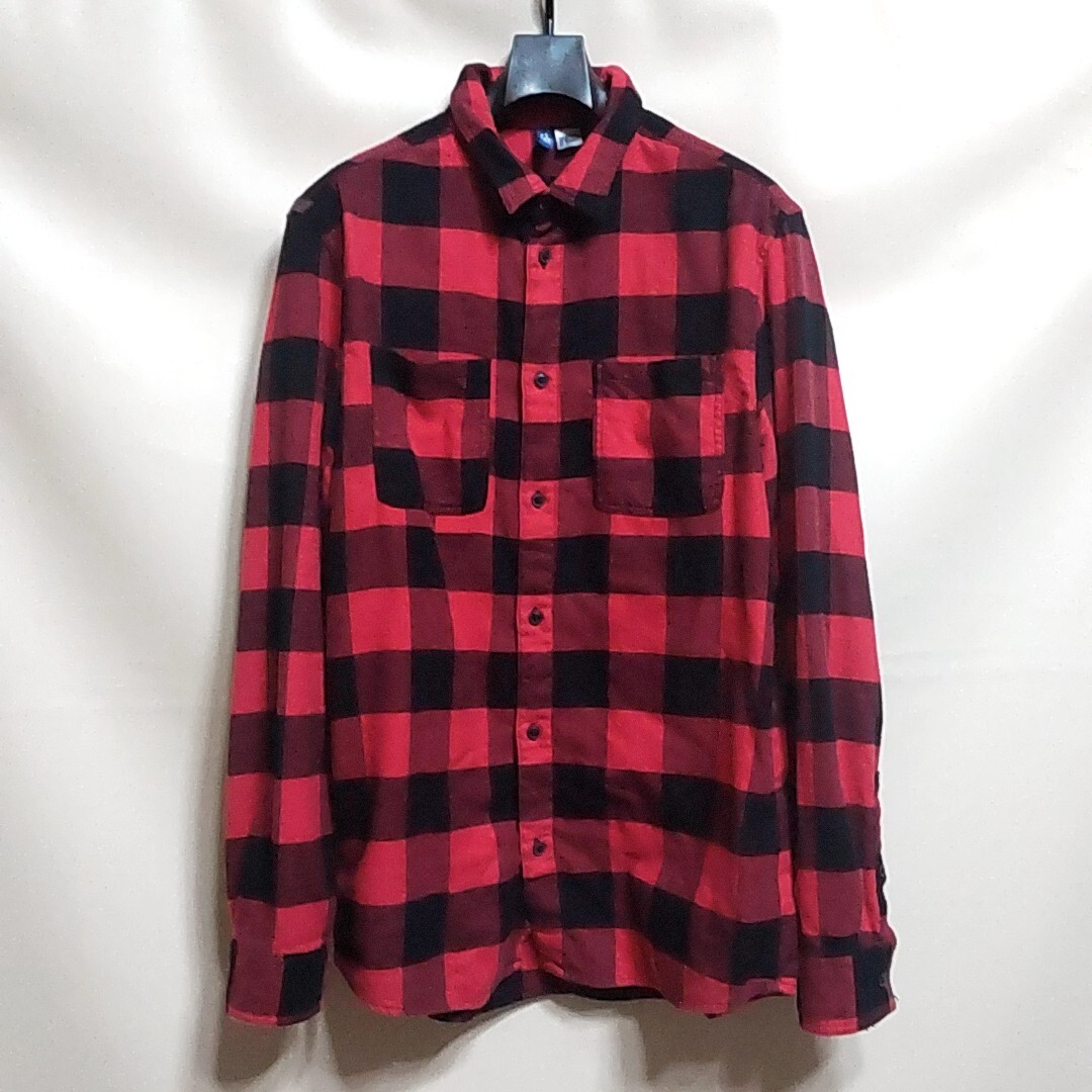 ③ H&M 赤色 黒色 レッド ブラック M 長袖 ボタン ネル シャツ チェック ビッグ ブロック カジュアル アメカジ メンズ_画像1