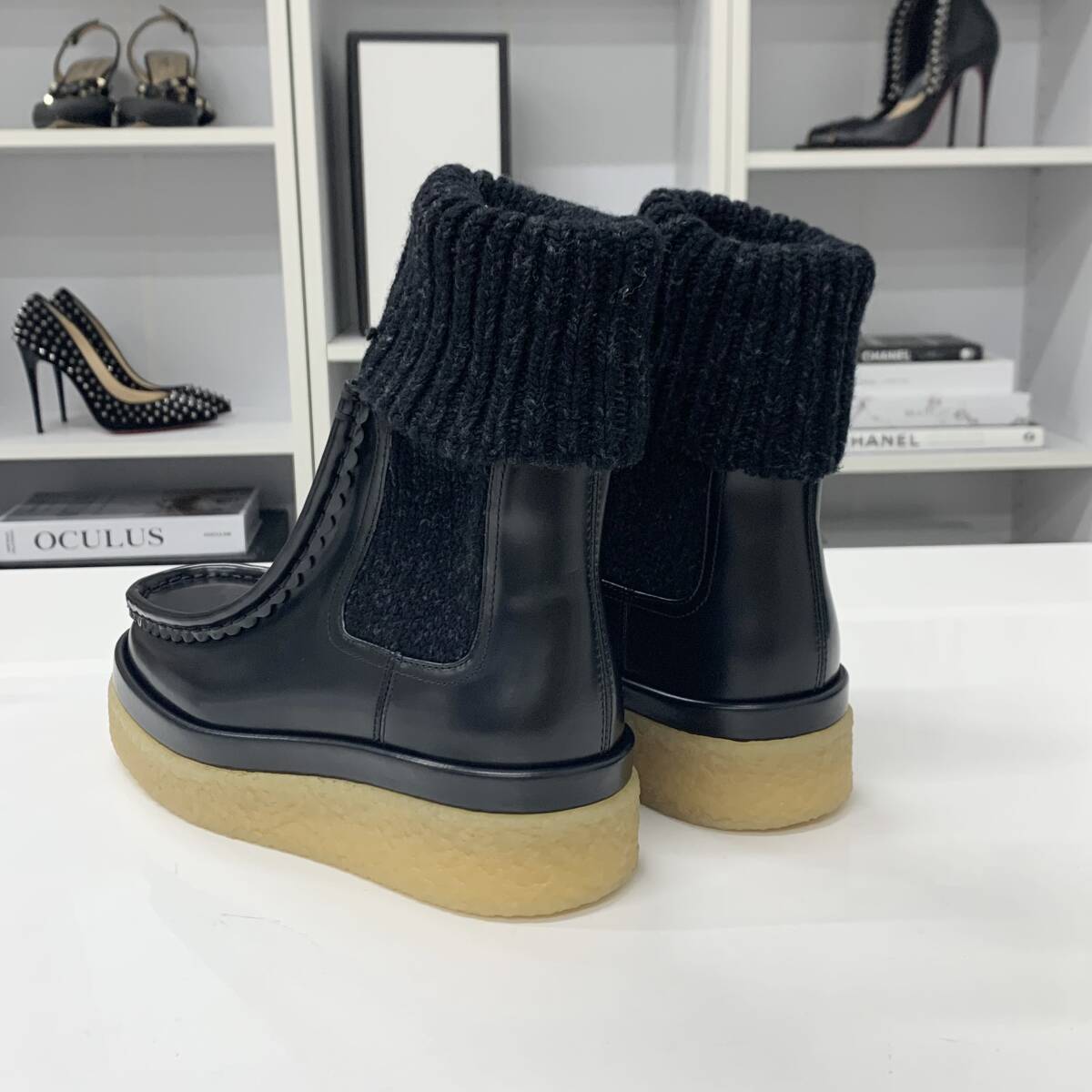 M13308 クロエ JAMIE レザー ニット ショートブーツ ブラック_画像5