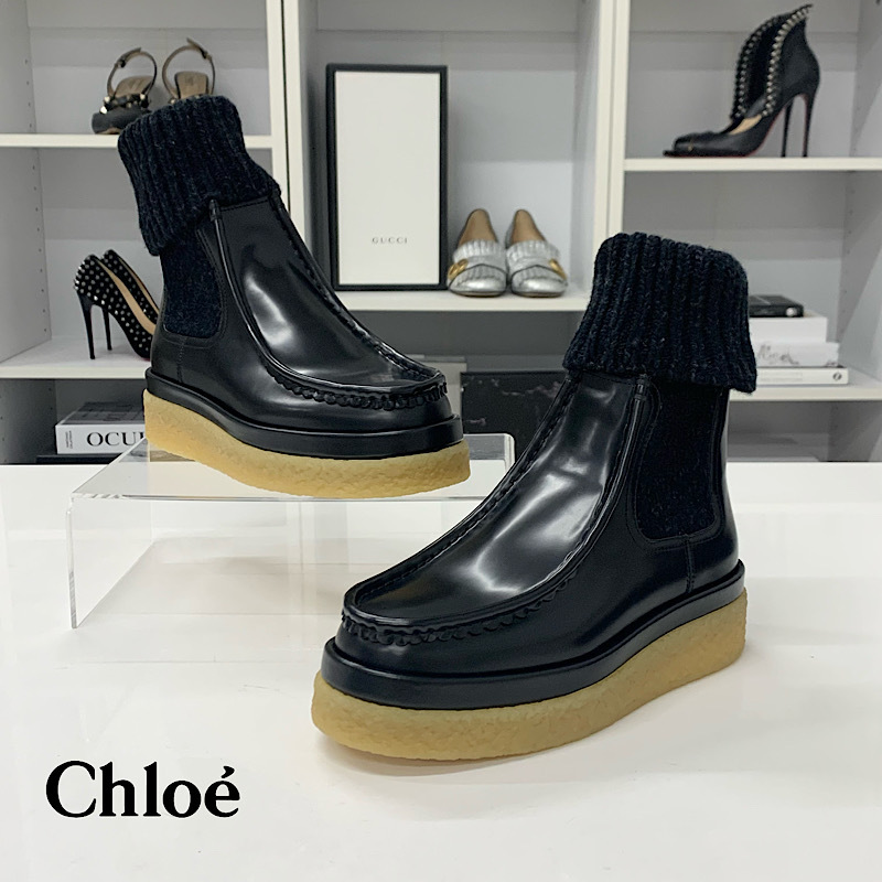 M13308 クロエ JAMIE レザー ニット ショートブーツ ブラック_画像1