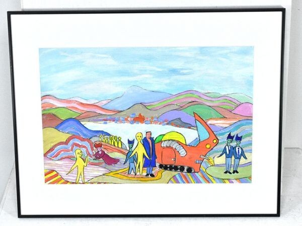 太郎千恵蔵画額「作品」　アクリル　クレヨン　紙　裏にサイン、年記　37×56　F:56.3×71.5　2003　Chiezo Taro_画像2