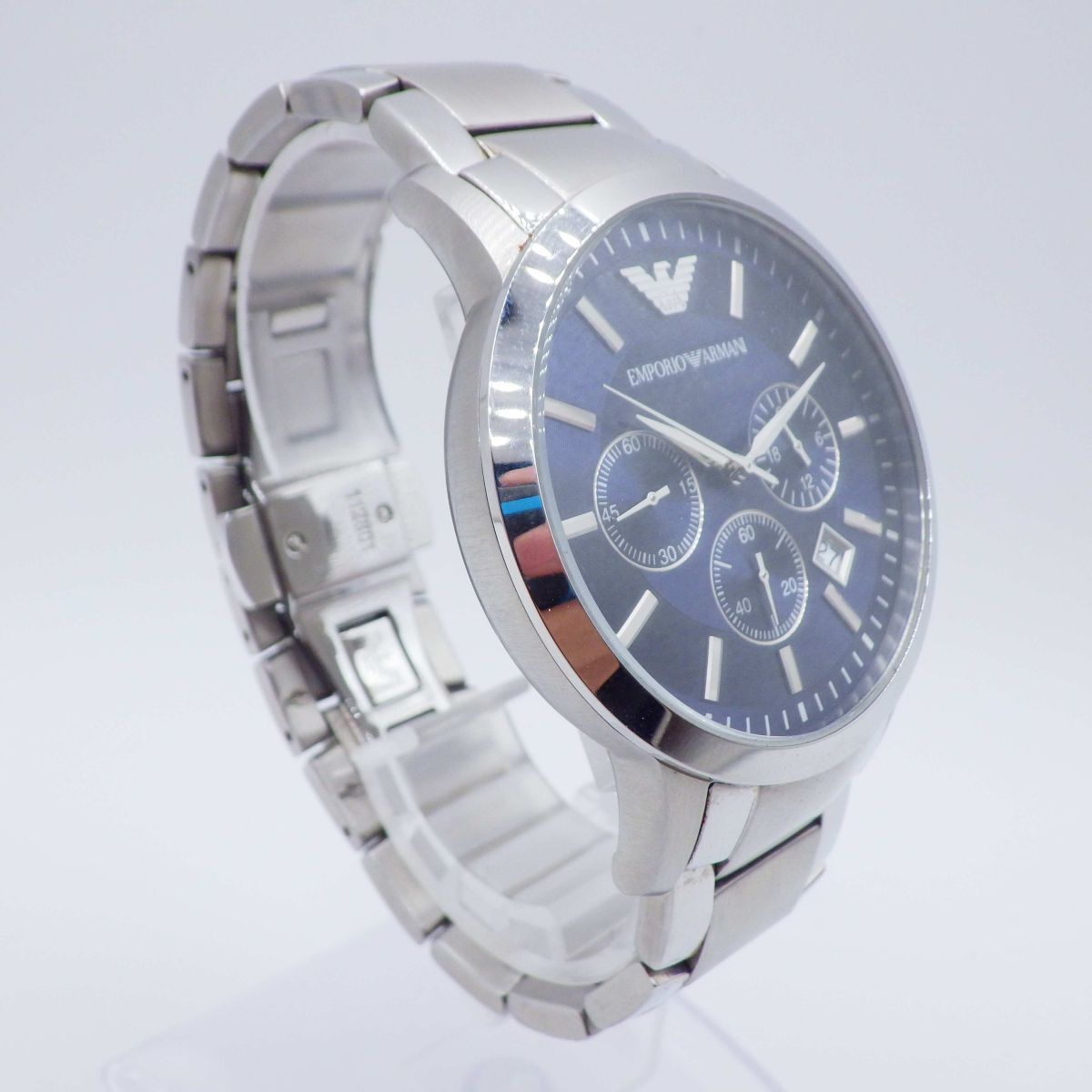 495414【1円スタート】EMPORIO ARMANI アルマーニ 稼動品 AR-2448 ブルーネイビー デイト メンズ 時計 クォーツ ケース43mm_画像3
