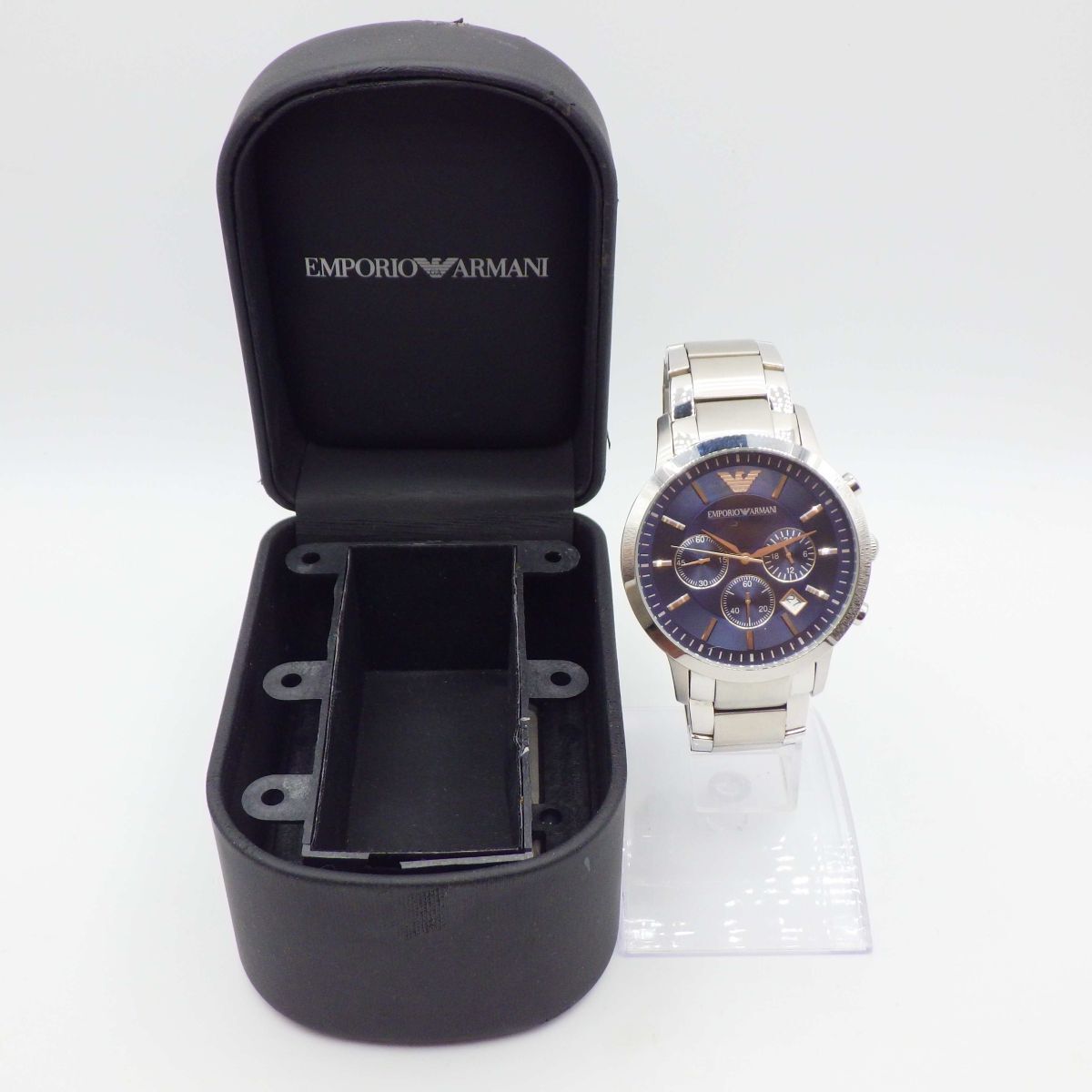 495414【1円スタート】EMPORIO ARMANI アルマーニ 稼動品 AR-2448 ブルーネイビー デイト メンズ 時計 クォーツ ケース43mm_画像7