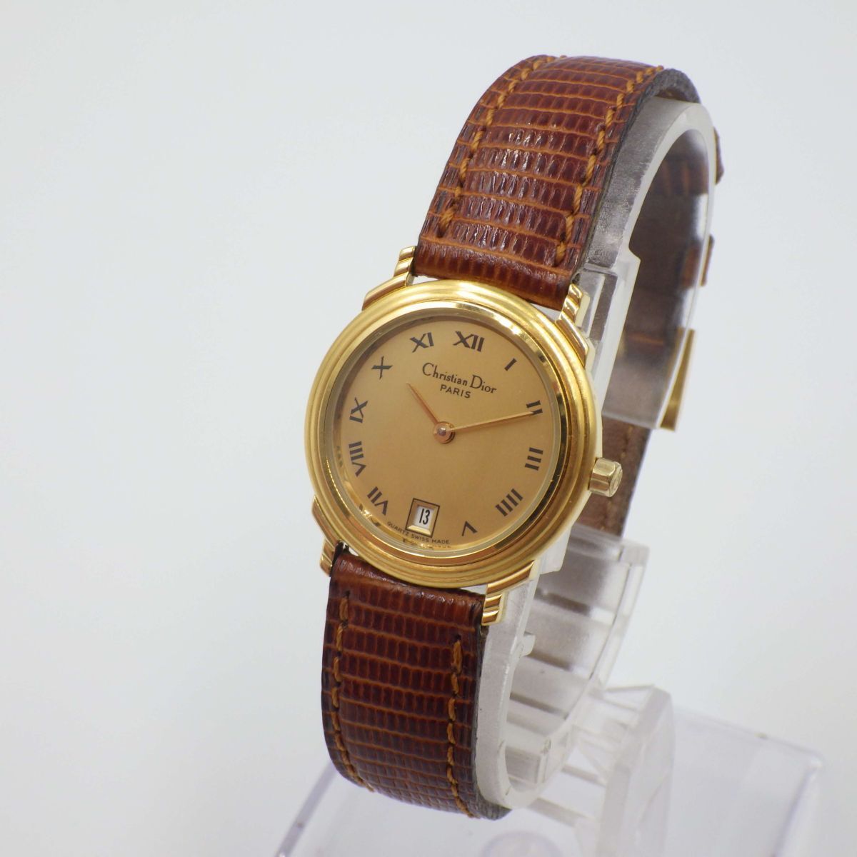 490958[1 иен старт ]Christian Dior Dior работа товар 48.122.2 Gold dial Date женский часы кварц кейс 24mm