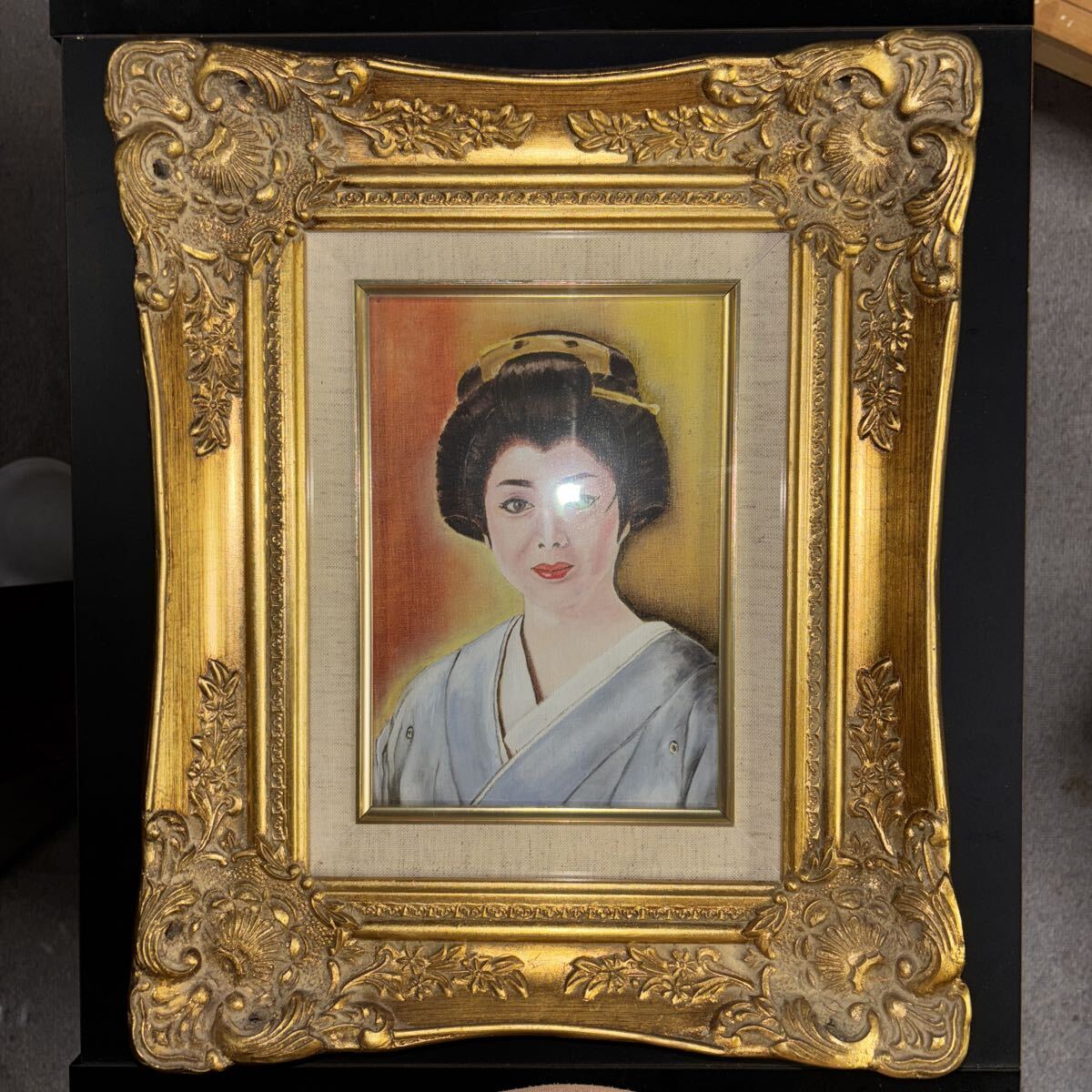 額縁 額装 油彩画 絵画 作者不明 日本画 美人画つき_画像1