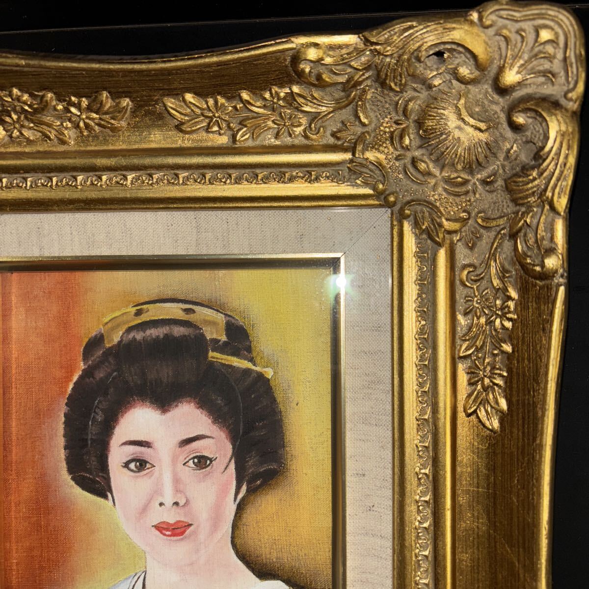 額縁 額装 油彩画 絵画 作者不明 日本画 美人画つき_画像3