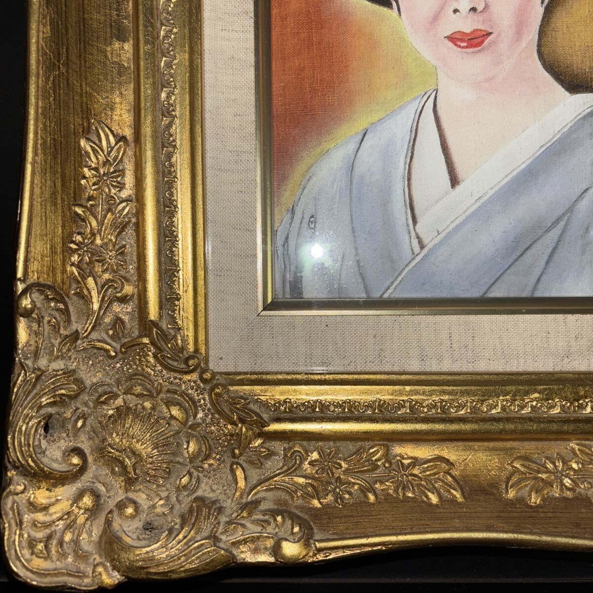 額縁 額装 油彩画 絵画 作者不明 日本画 美人画つき_画像5