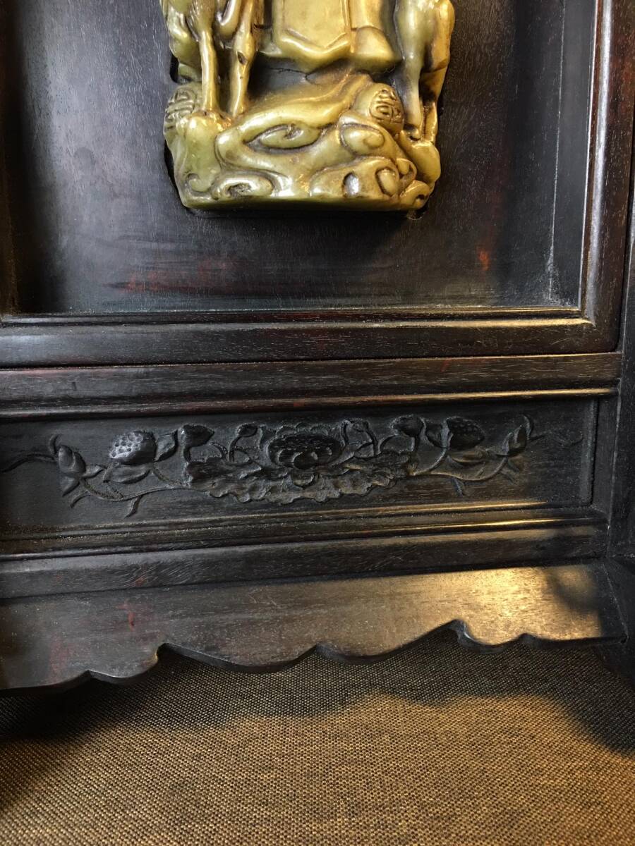 古木彫り 清時代 古檀木彫 紫檀 老玉 彫刻 寿星仏 屏風 書道具 文房具 時代物 旧家収蔵 細密彫 置物 賞物 唐物 文玩 gs10.7