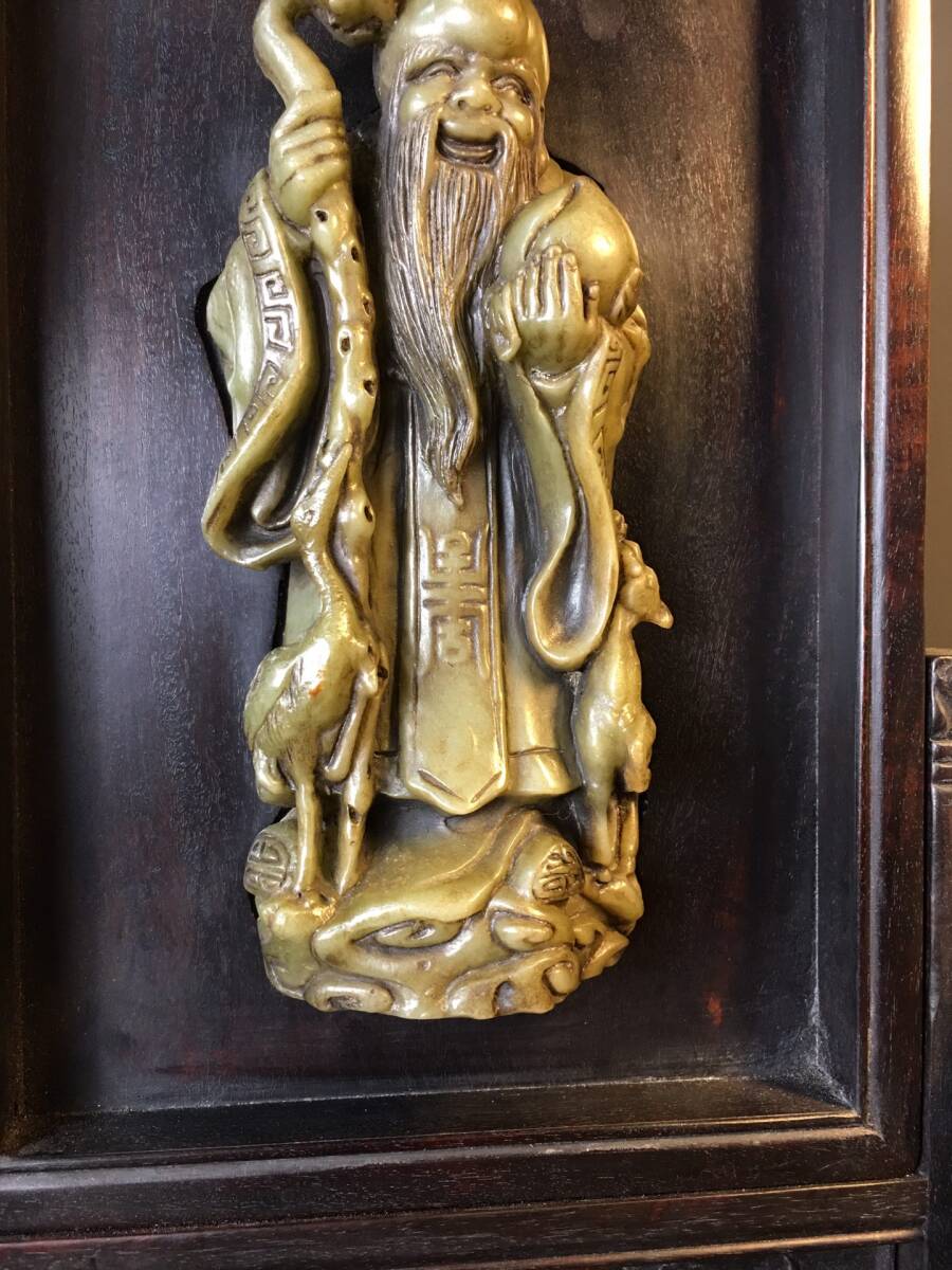 古木彫り 清時代 古檀木彫 紫檀 老玉 彫刻 寿星仏 屏風 書道具 文房具 時代物 旧家収蔵 細密彫 置物 賞物 唐物 文玩 gs10.7