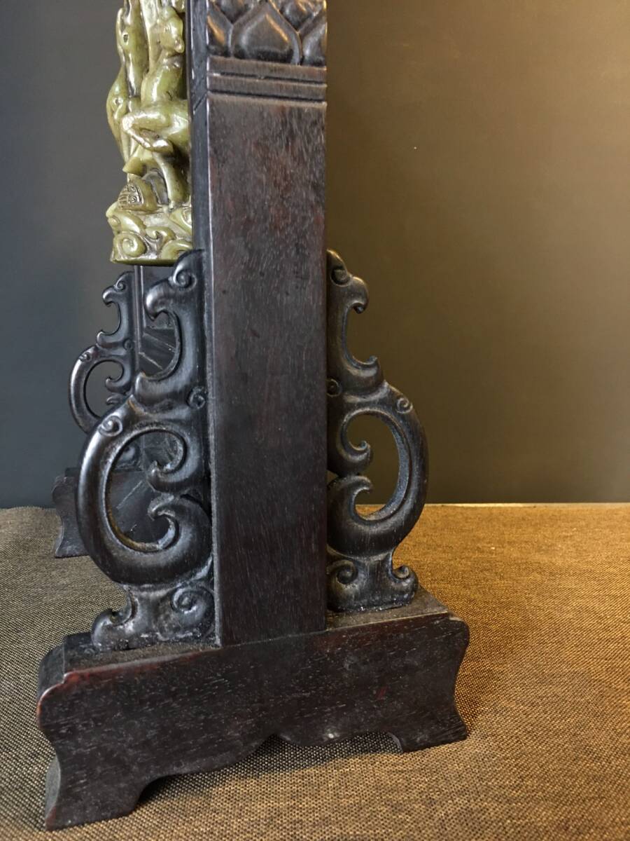 古木彫り 清時代 古檀木彫 紫檀 老玉 彫刻 寿星仏 屏風 書道具 文房具 時代物 旧家収蔵 細密彫 置物 賞物 唐物 文玩 gs10.7