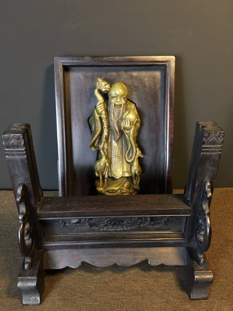 古木彫り 清時代 古檀木彫 紫檀 老玉 彫刻 寿星仏 屏風 書道具 文房具 時代物 旧家収蔵 細密彫 置物 賞物 唐物 文玩 gs10.7