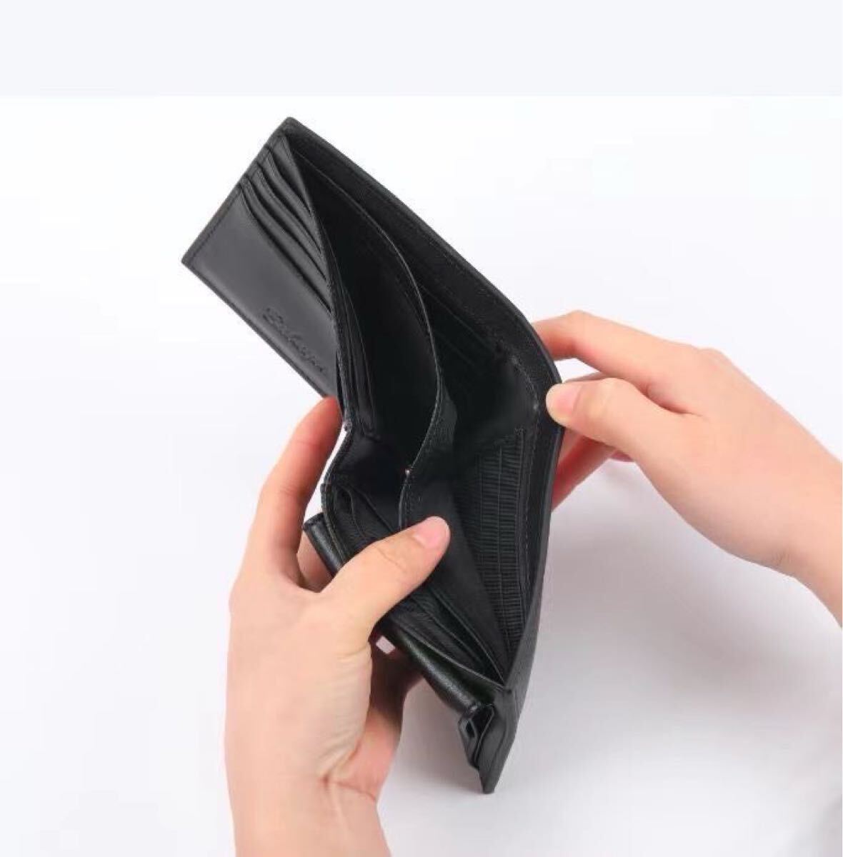 【二つ折り財布】メンズ 黒 ブラック スキミング防止 小銭入れ 本革 薄型 ギフト プレゼント 財布 小物 新品 箱付き カード収納 レザー_画像2