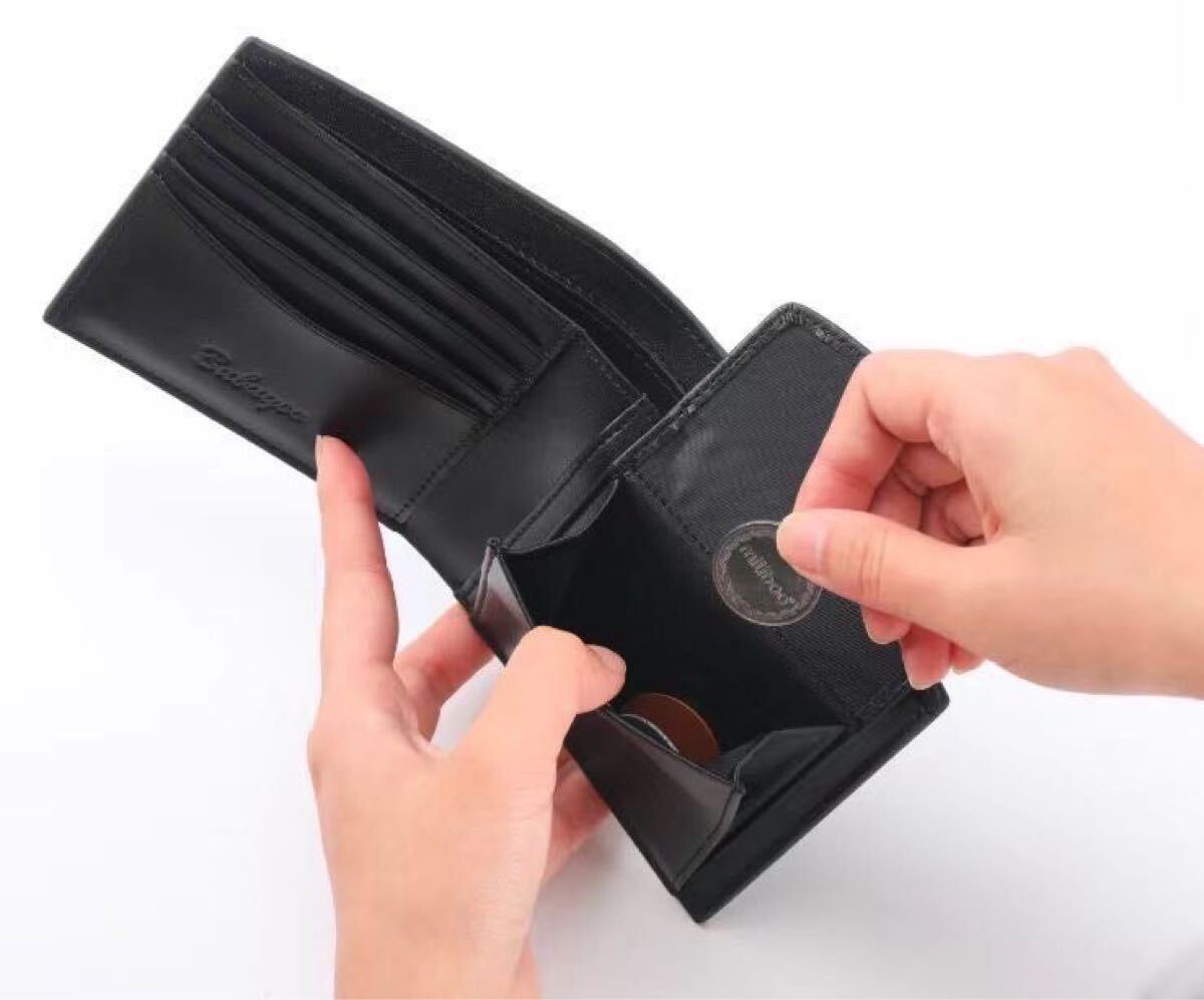 【二つ折り財布】メンズ 黒 ブラック スキミング防止 小銭入れ 本革 薄型 ギフト プレゼント 財布 小物 新品 箱付き カード収納 レザー_画像3