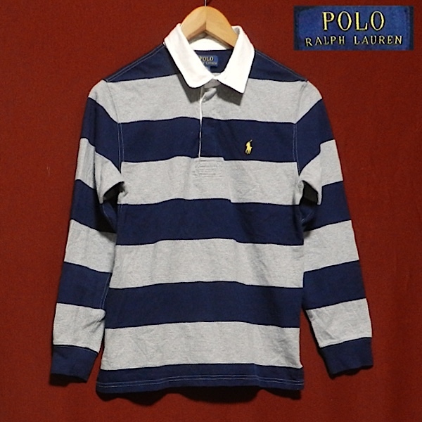 POLO RALPH LAUREN ラルフローレン RL ロゴ 幅広 ボーダー 長袖 ラガーシャツ ポロシャツ 紺 / グレー チェック柄 レディース L 美品_画像1
