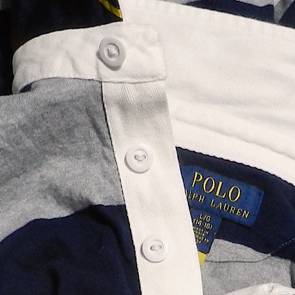 POLO RALPH LAUREN ラルフローレン RL ロゴ 幅広 ボーダー 長袖 ラガーシャツ ポロシャツ 紺 / グレー チェック柄 レディース L 美品_画像5