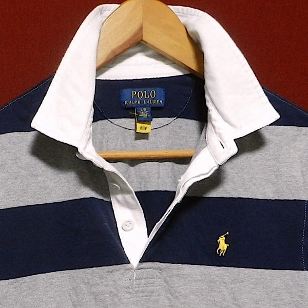 POLO RALPH LAUREN ラルフローレン RL ロゴ 幅広 ボーダー 長袖 ラガーシャツ ポロシャツ 紺 / グレー チェック柄 レディース L 美品_画像3