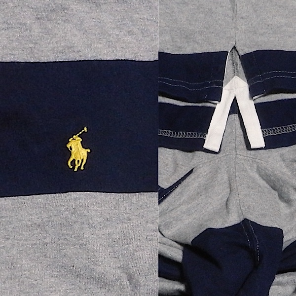 POLO RALPH LAUREN ラルフローレン RL ロゴ 幅広 ボーダー 長袖 ラガーシャツ ポロシャツ 紺 / グレー チェック柄 レディース L 美品_画像6