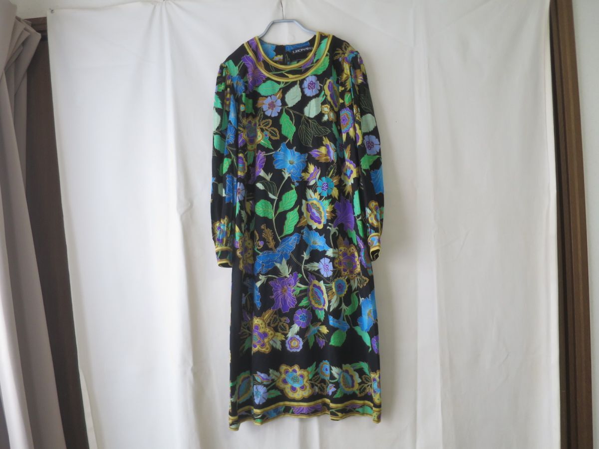 LEONARD　レオナール　毛×絹　ロングワンピース　LLサイズ　黒　金彩_画像1