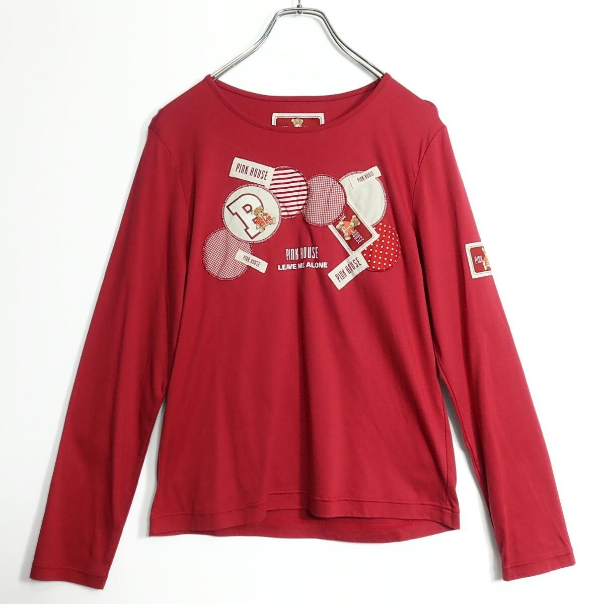 ピンクハウス★ワッペンがいっぱい♪長袖カットソー Tシャツ 赤系 大きいサイズ4(L) クマ&ドット&ギンガム♪z15553_画像1