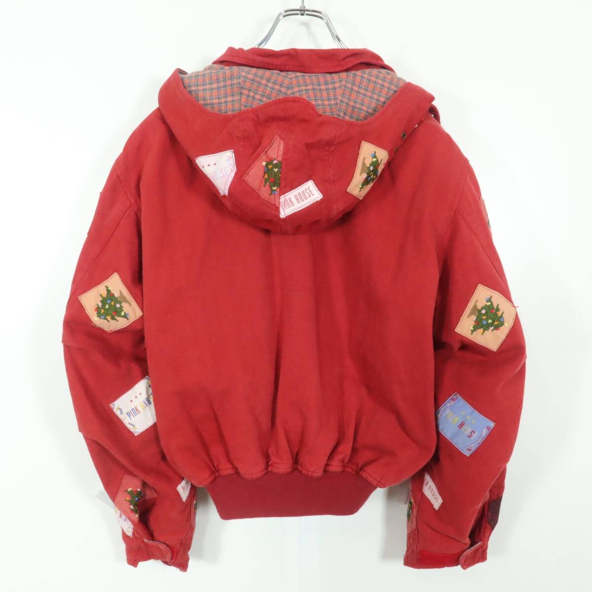 ピンクハウス★クリスマス柄ワッペン♪ジップアップブルゾン フード付き 赤系 裏オリジナルチェック♪中綿入り z15970_画像5