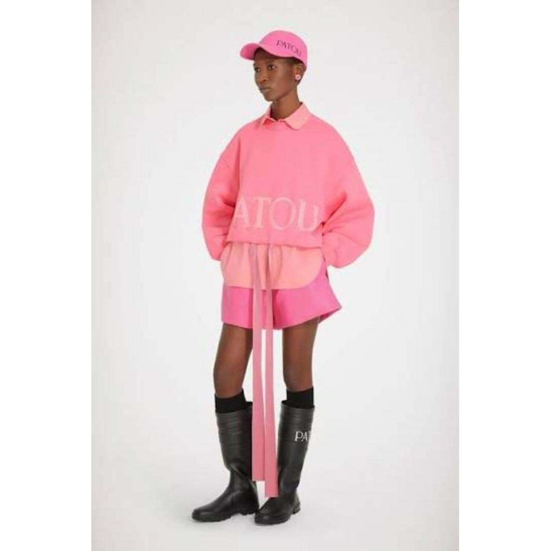 美品 PATOU パトゥ オーガニックコットン ロゴプリント クロップド ドローストリング スウェット オーバーサイズ リボン トレーナー ピンク_画像9