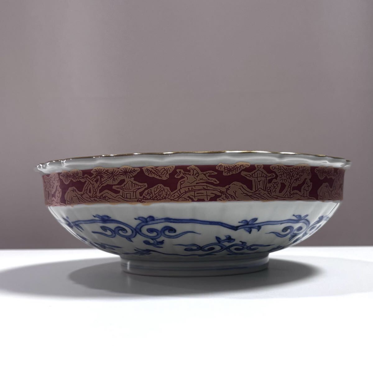 九谷焼 朱巻金彩 花鳥紋 大鉢 深皿 龍峰窯 祥端 和食器 時代物_画像2