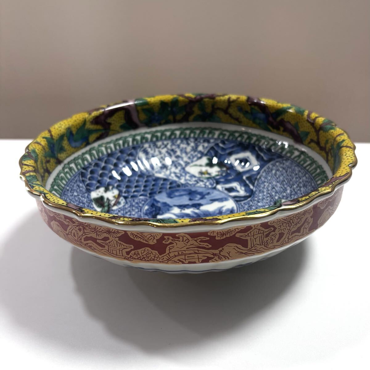 九谷焼 朱巻金彩 花鳥紋 大鉢 深皿 龍峰窯 祥端 和食器 時代物_画像3